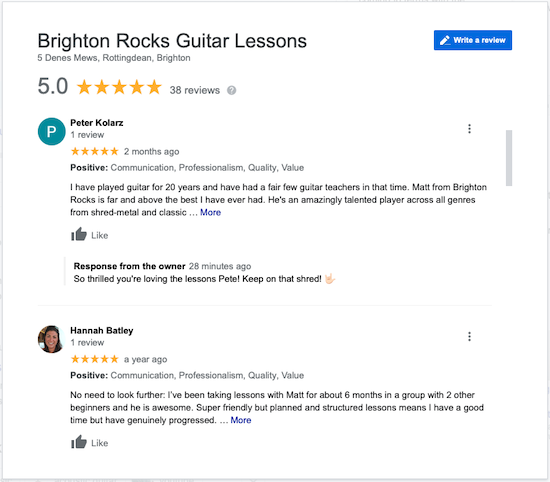 Brighton Guitar Lessons Google Reviews
